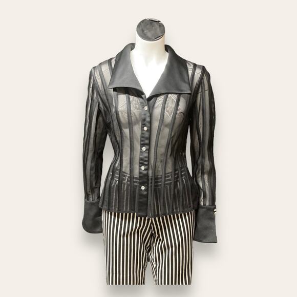 JS collections black mesh structured gemstone long sleeve button up sz8 - Picture 2 of 7